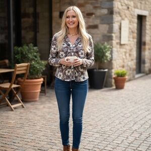 Maeve Anthropologie Retro Floral Ruched Button Down Top Brown Blue White Small